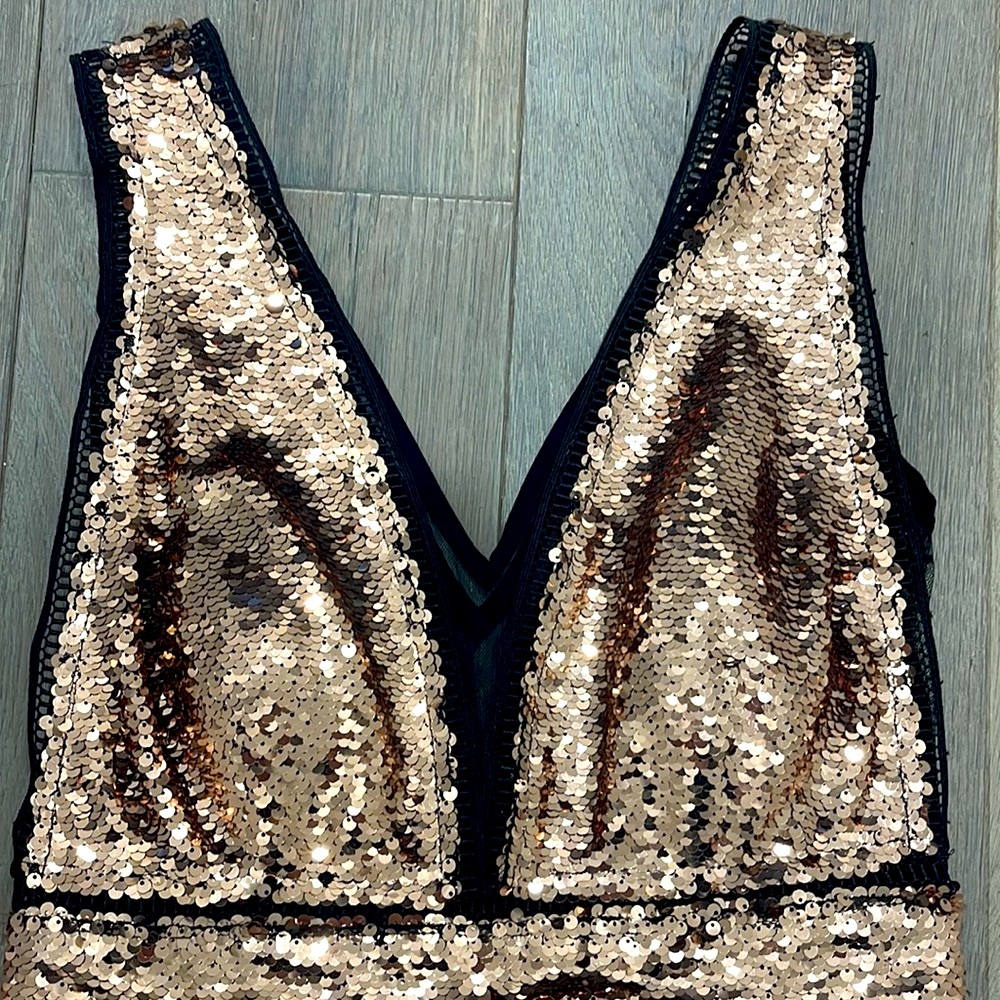 NWOT Boston Proper Metallic Copper Deep Mesh V Sequin Sparkle Dress -XS - Picture 6 of 10